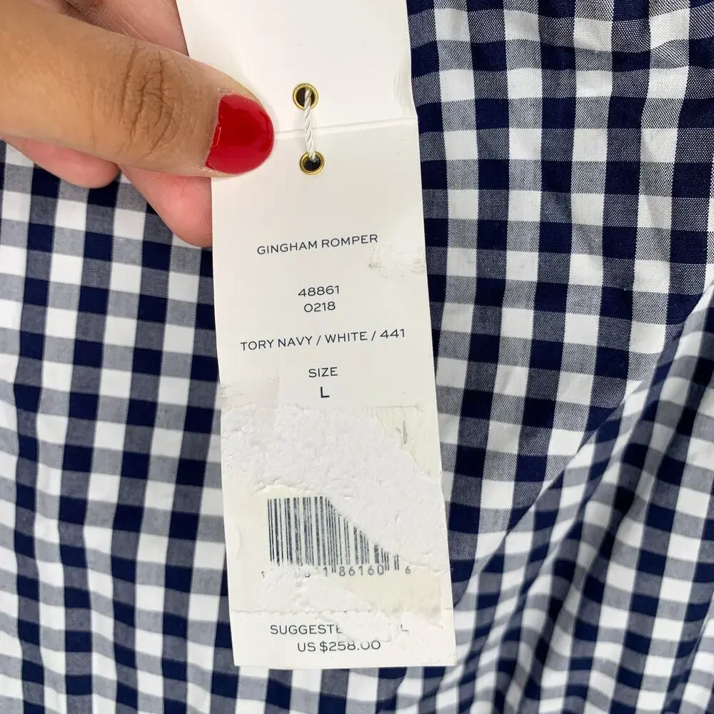 Tory Burch Navy White Gingham Tie Strap Cotton Romper NWT L